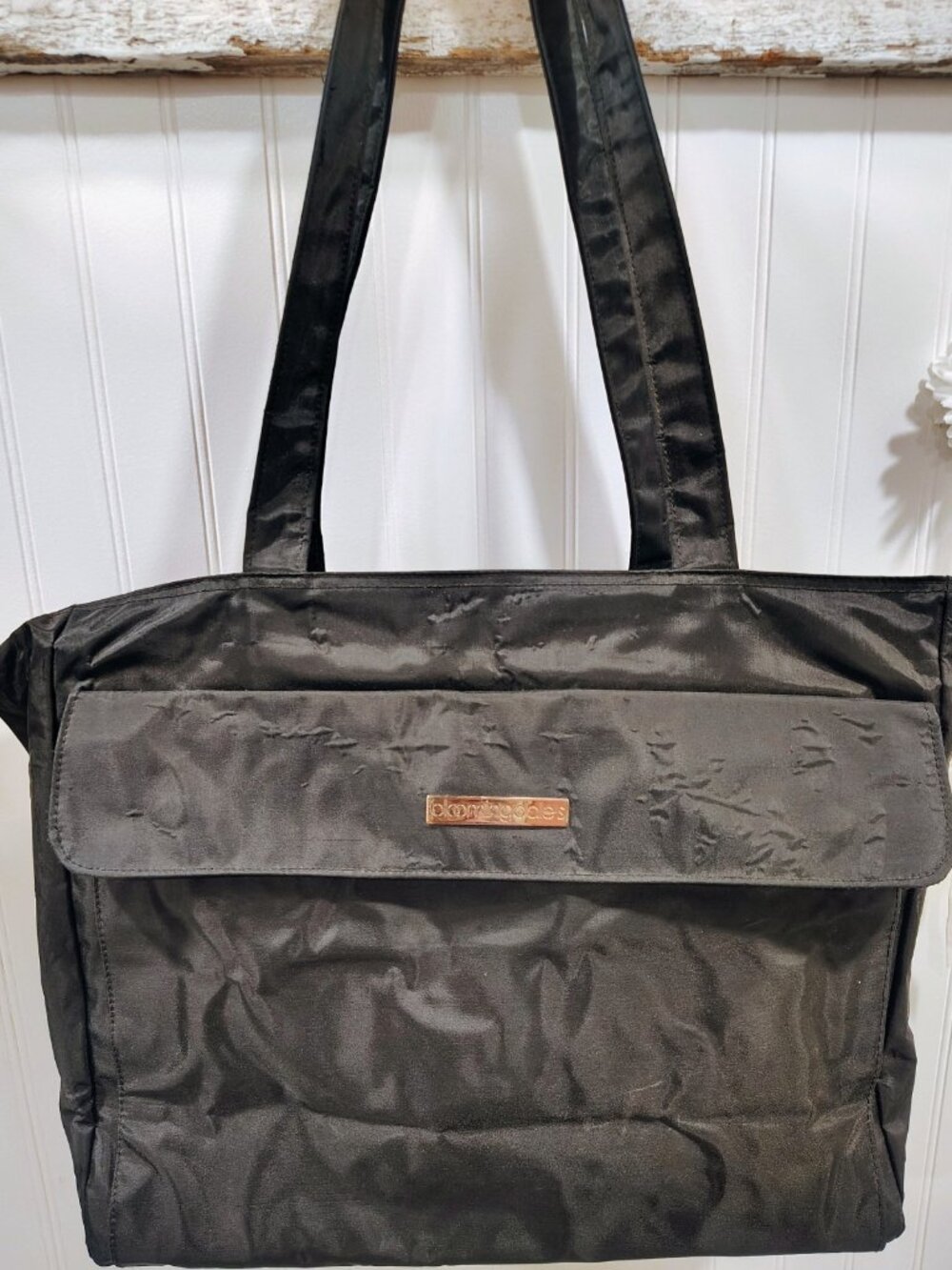 Bloomingdales Large Black Nylon Tote Bag, Gold Plaque